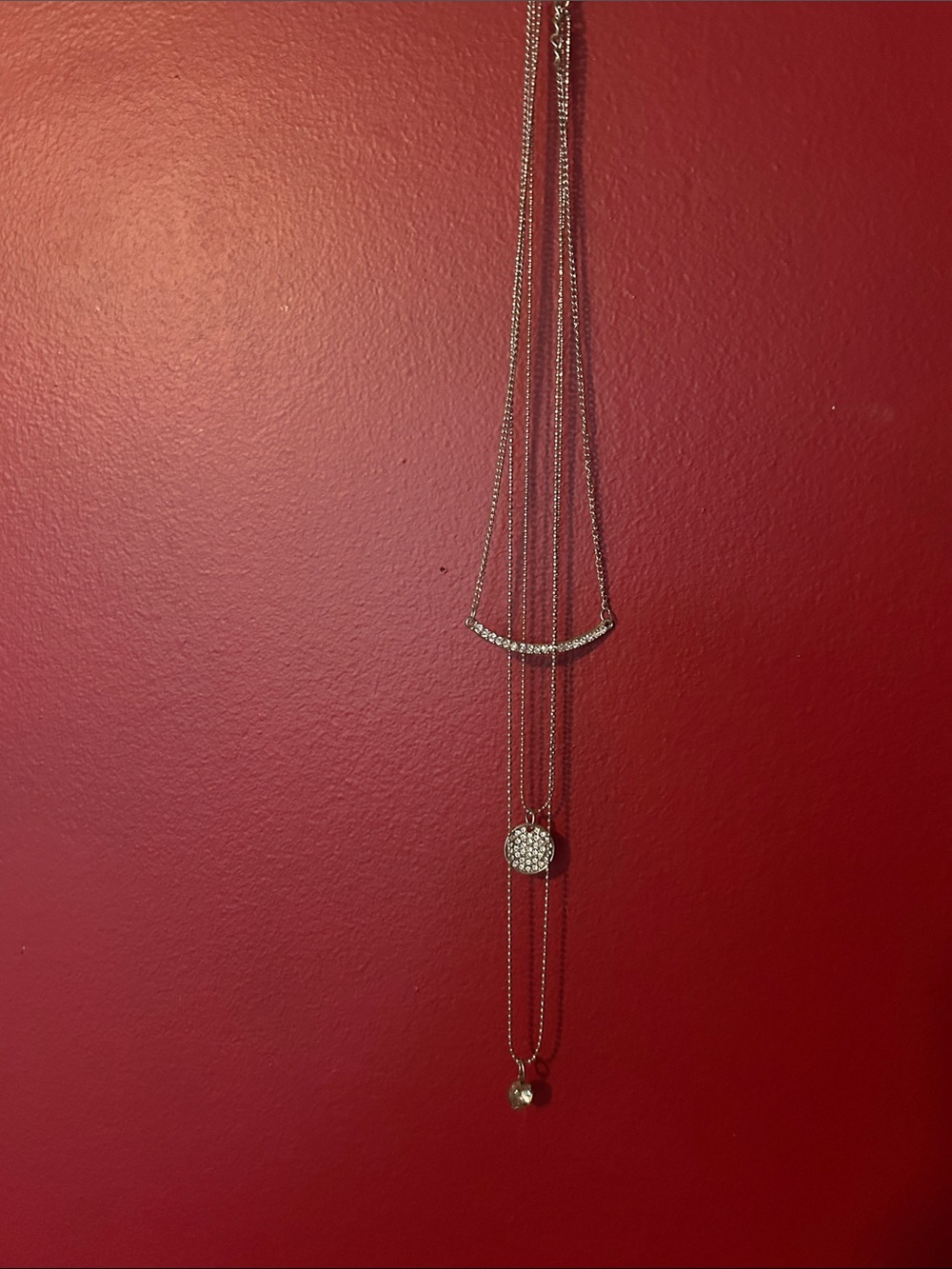 Delicate Silver Tone Layered Necklace with Pavé Disc and Bar